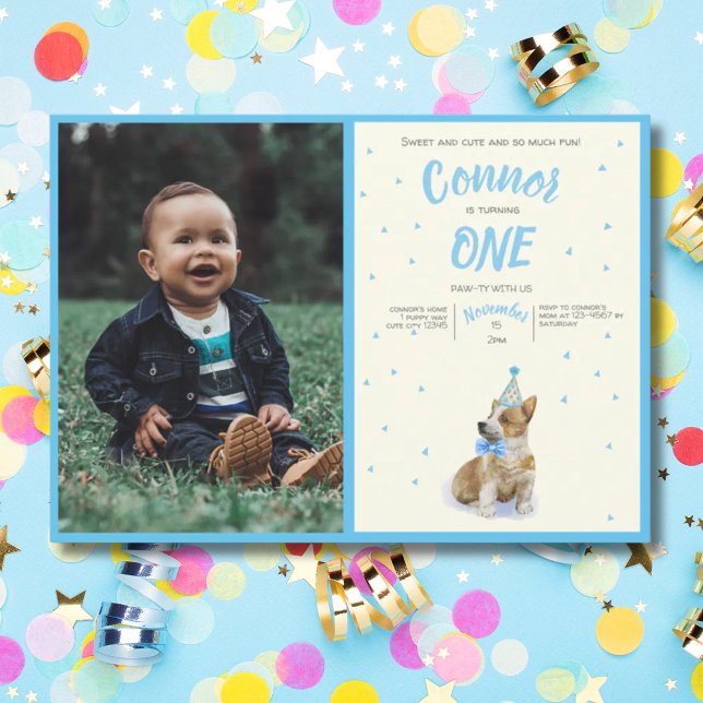 Invitation Chiot 🐶 Corgi Boys Premier anniversaire de fête P (Puppy 🐶 Corgi Boys First Birthday Party Photo Invitation)