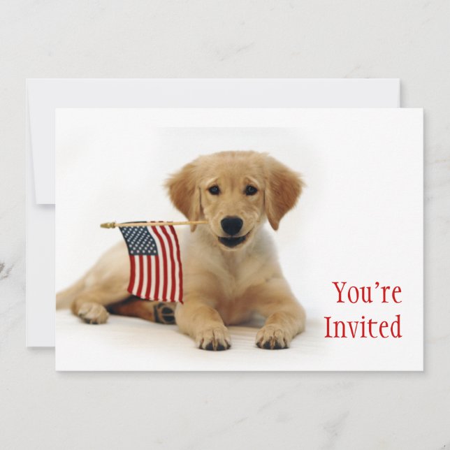 Invitation Chiot d'or et drapeau américain (Devant)