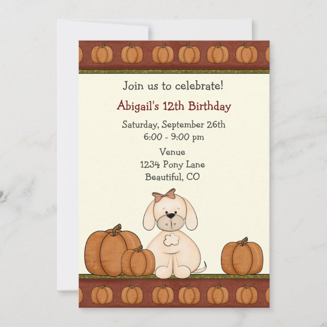 Invitation Chiot et Citrouille Automne Anniversaire Invitatio (Devant)