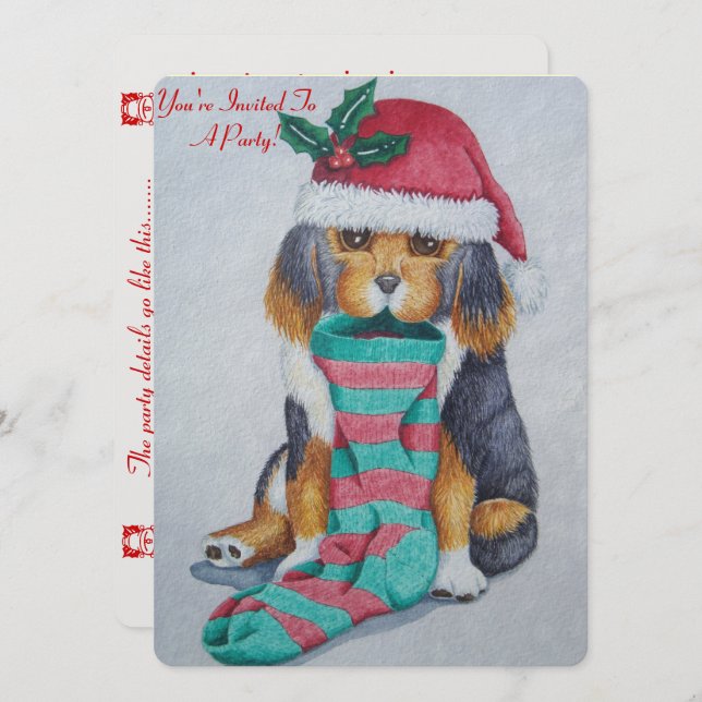Invitation chiot noir et brun mignon avec bas de noël (Devant / Derrière)