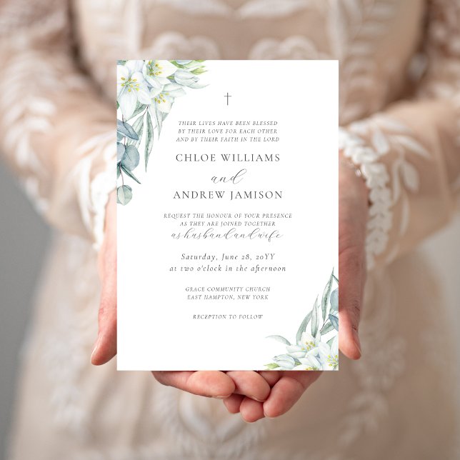 Invitation Chloe Simple Elegant Vert Mariage chrétien (Chloe Christian wedding invitation with white watercolor flowers and greenery)