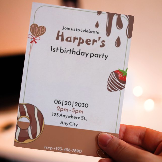 Invitation Chocolat, beigne et fraise 1er anniversaire (Chocolate, donut and strawberry 1st birthday invitation
)