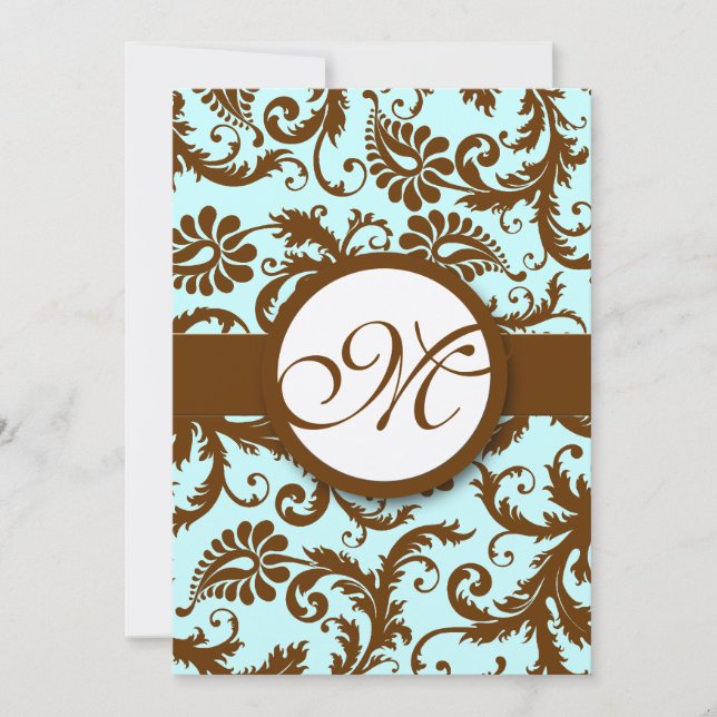 Invitation Chocolat Brown Damask Aqua (Devant)