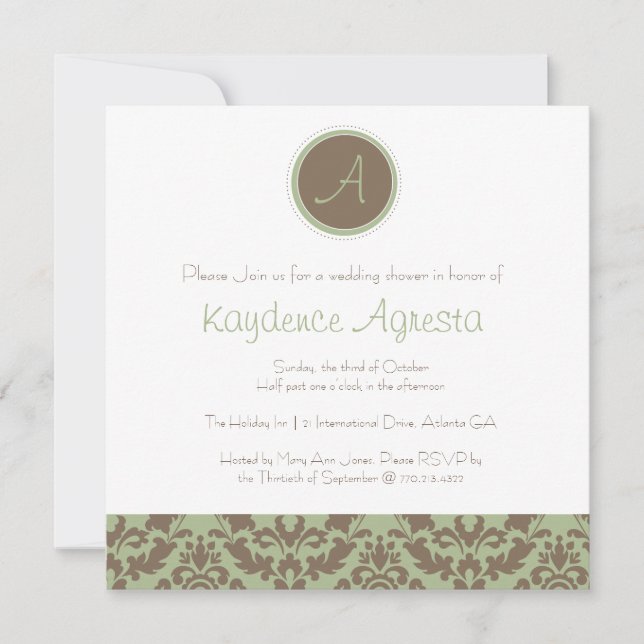 Invitation Chocolat Brown/douche Mariage damassé Sage (Devant)