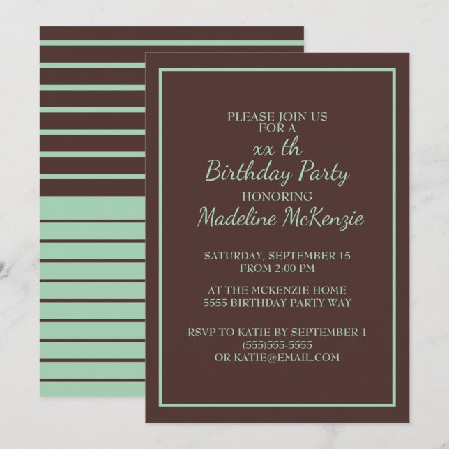 Invitation Chocolat Brown Monnaie rayé Anniversaire Invitatio (Devant / Derrière)