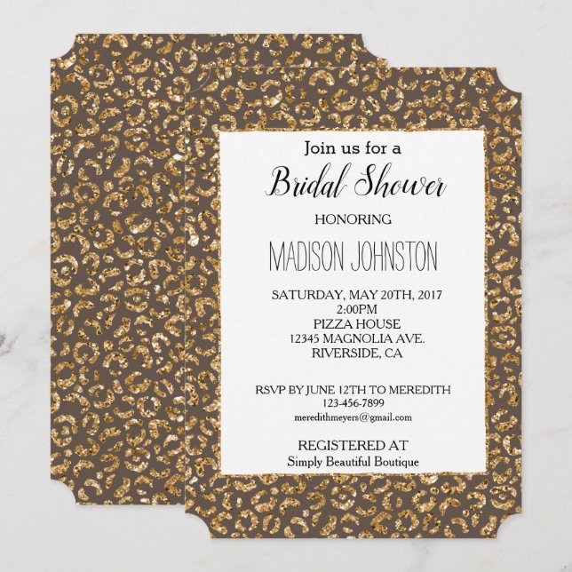 Invitation Chocolat Brown Parties scintillant d'or Leopard an (Devant / Derrière)