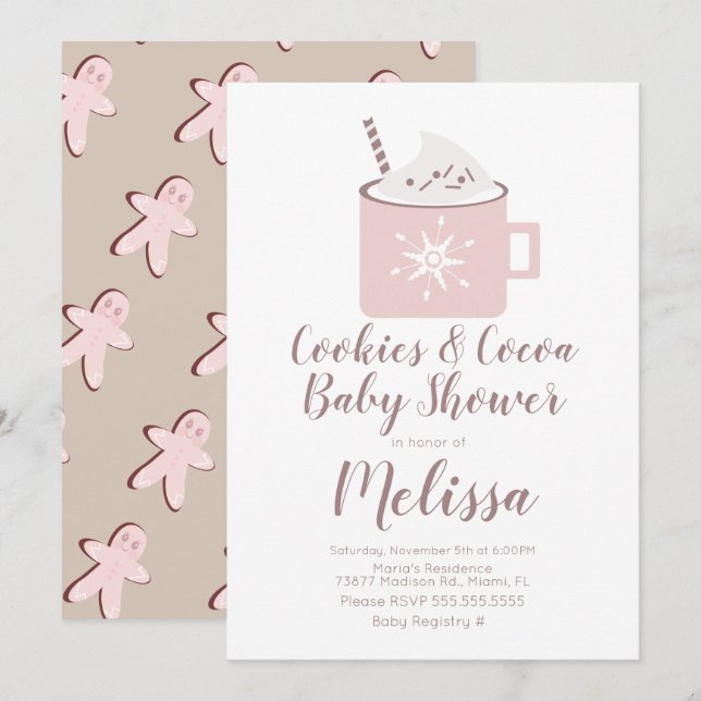 Invitation Chocolat chaud Cookies Mug Winter Girl Baby shower (Devant / Derrière)