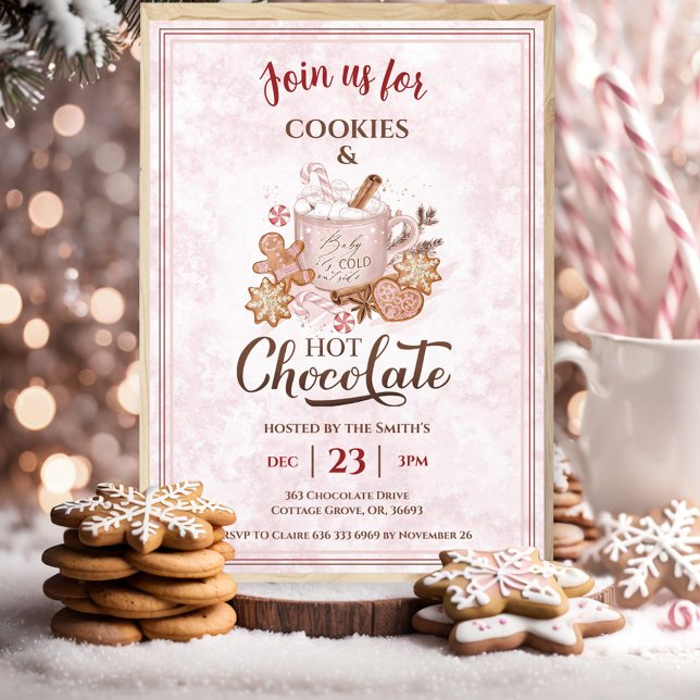 Invitation Chocolat Chaud Et Cookies Fête De Noël Rose (Hot Chocolate And Cookies Pink Christmas Party Invitation)