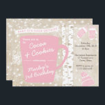 Invitation Chocolat chaud fête d'anniversaire d'hiver pour fi<br><div class="desc">Conception d'invitation pour l'anniversaire Rustic Snowstorm Cocaca et Cookies. Vous pouvez changer le rose en n'importe quelle couleur que vous voulez en changeant la couleur arrière - plan : 1. cliquez sur "personnaliser" 2. puis en bas sous les zones de texte, cliquez sur "customiser plus loin" 3. faites défiler vers...</div>