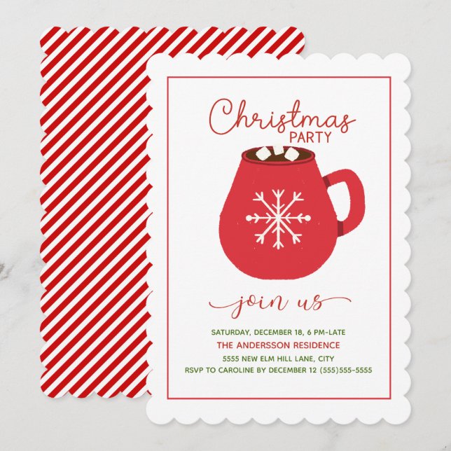 Invitation Chocolat Chaud Rouge Blanc Fête de Noël en Dentell (Devant / Derrière)