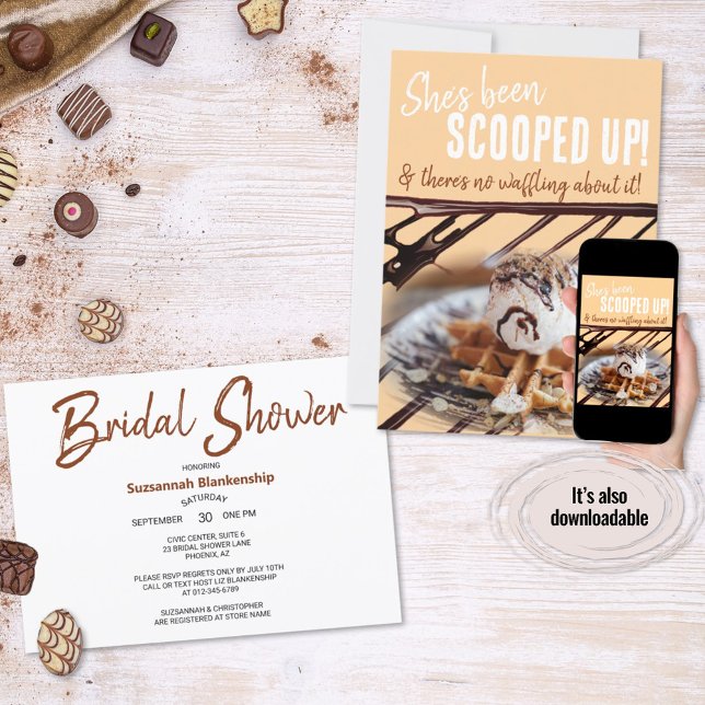Invitation Chocolat Drizzle crème glacée Scoop sur une gaufre (Ice cream and waffle bridal shower invitation ready for personalization. )