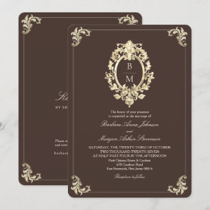 Invitation Chocolat Marron Or Baroque Monogramme QR Mariage