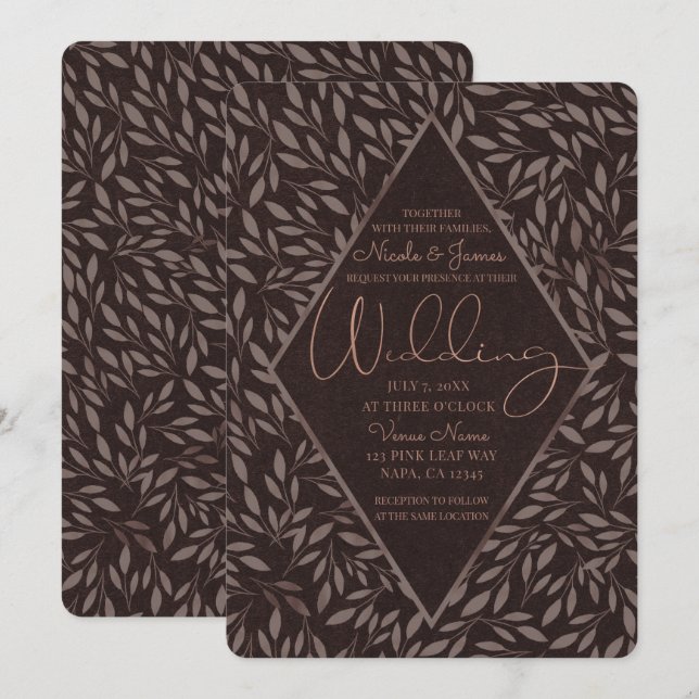 Invitation Chocolat Mauve Rose Feuilles Botanique Mariage (Devant / Derrière)