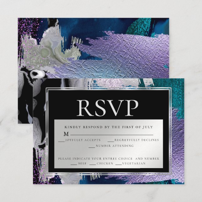 Invitation Choix de repas RSVP| Peinture Abstraite Aqua Lilac (Devant / Derrière)