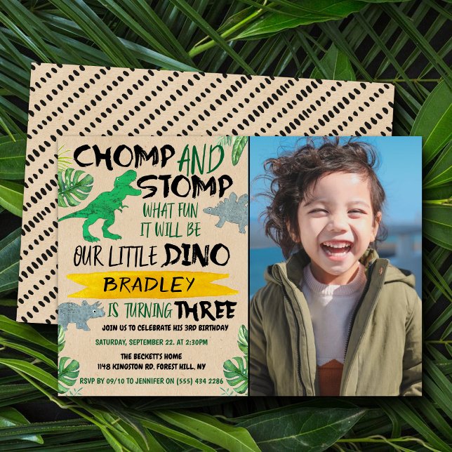 Invitation Chomp & Stomp ! Dinosaur Boys 3ème anniversaire Ph (Créateur téléchargé)