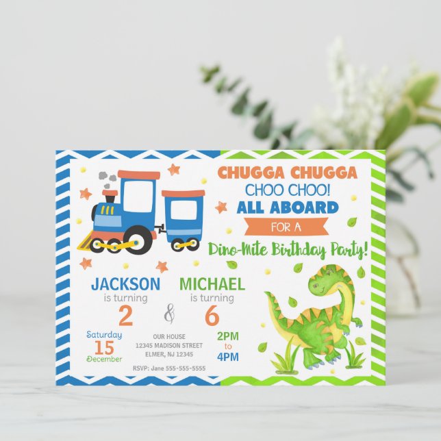 Invitation Choo Choo Train & Dinosaur Joint Birthday (Debout devant)