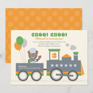 Invitation Choo Choo Train Orange Bear Conducteur Anniversair
