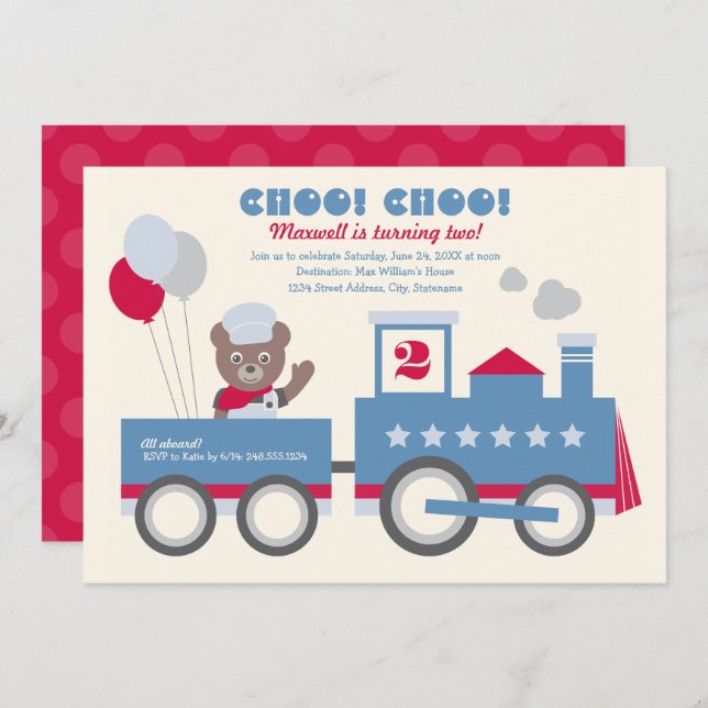 Invitation Choo Choo Train Red Bear Conducteur Anniversaire (Devant / Derrière)