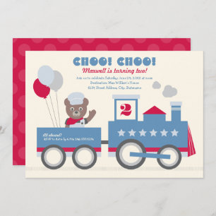 Invitation Choo Choo Train Red Bear Conducteur Anniversaire
