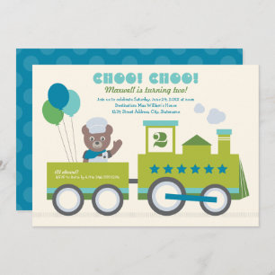 Invitation Choo Choo Train Turquoise Ours Conducteur fête d'a