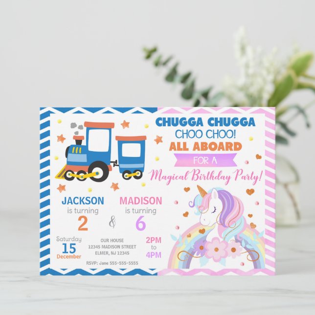 Invitation Choo Choo Train & Unicorn Joint Birthday (Debout devant)