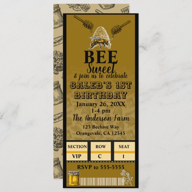 Invitation Chou Bee Beehive Birthday Party Event Ticket (Devant / Derrière)