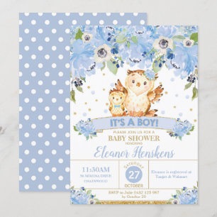 Invitation Chouette Baby shower Floral Fleurs Bleues Baby Boy