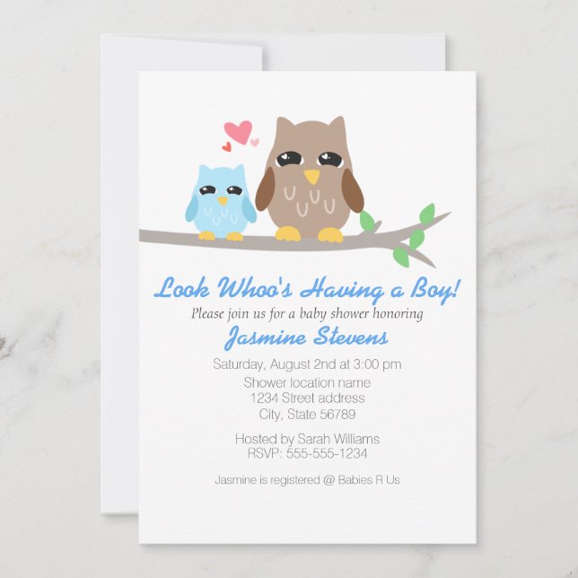 Invitation Chouette Baby shower garçon mignonne (Devant)