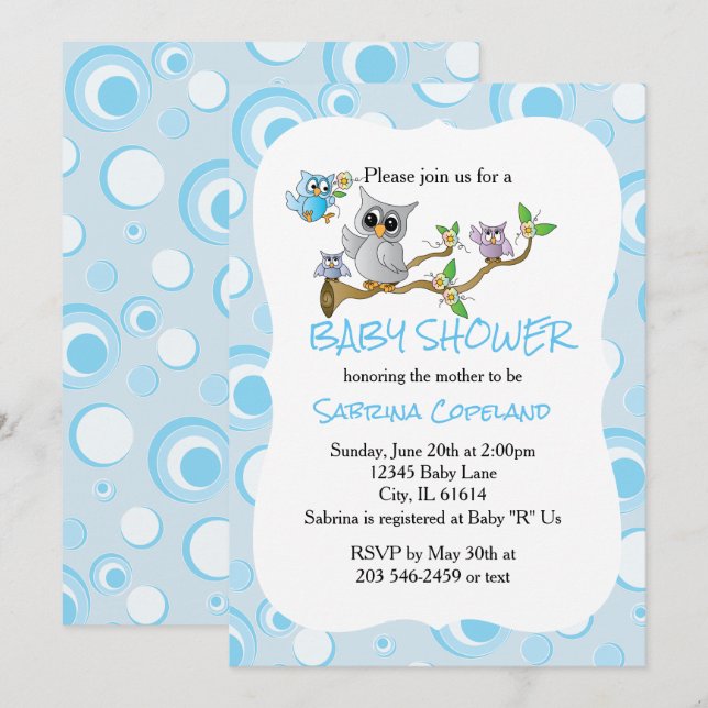 Invitation Chouette Bébé Bleue | Thème Douche (Devant / Derrière)