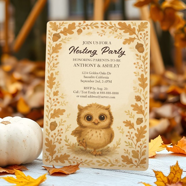 Invitation Chouette Bébé Chouette Chute Douche Bois Fête de n (Cute Fall nesting party baby shower invitation with a whimsical baby owl in adorable woodland style.)