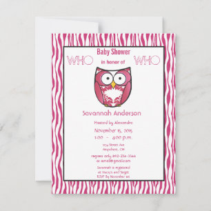 Invitation Chouette bébé fille PINK Zebra Stripe Douche Invit