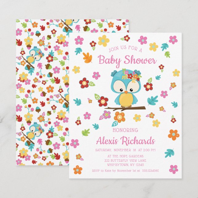 Invitation Chouette boisée mignonne et fleurs Baby shower béb (Devant / Derrière)
