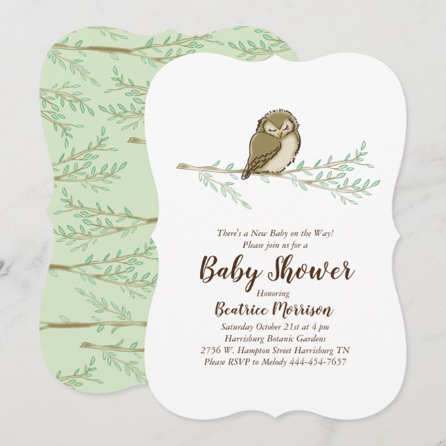 Invitation Chouette couchée Baby shower Oiseau des bois (Devant / Derrière)