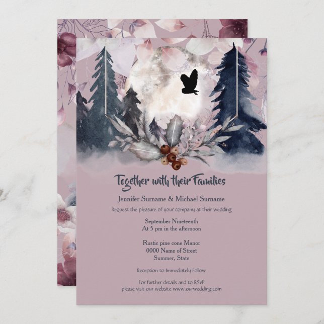 Invitation Chouette de la forêt de couleur rose sombre lune  (Devant / Derrière)