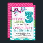 Invitation Chouette d'été rose turquoise et verte 3e annivers<br><div class="desc">Je suis fier de tous mes designs, Si vous avez des questions, si vous voulez des modifications personnalisées à la conception, ou si vous voulez des éléments de coordination pour correspondre et avoir besoin de moi pour le créer, s'il vous plaît contacter Megan avec Emma Sue Bow-tique directement à megan@emmasuebowtique.com....</div>