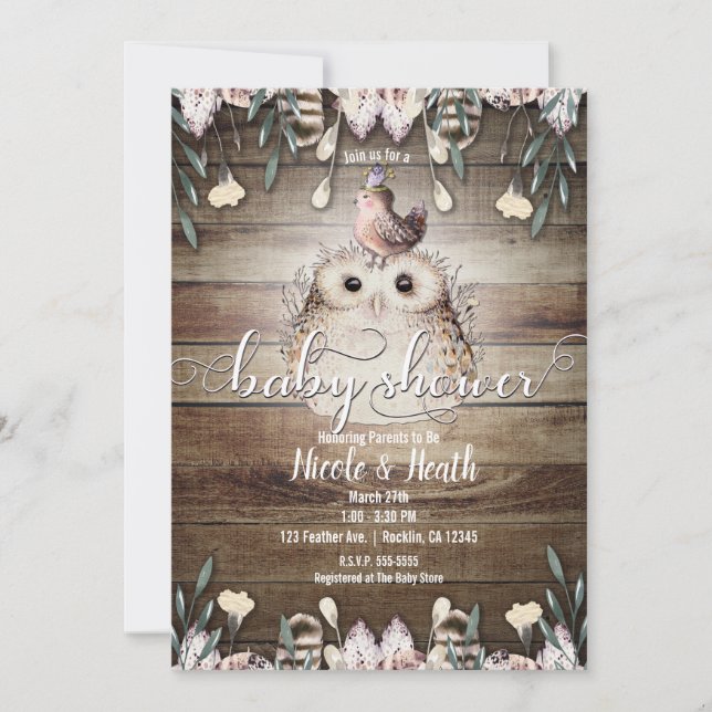 Invitation Chouette et Baby shower d'oiseaux en plumes de Boh (Devant)