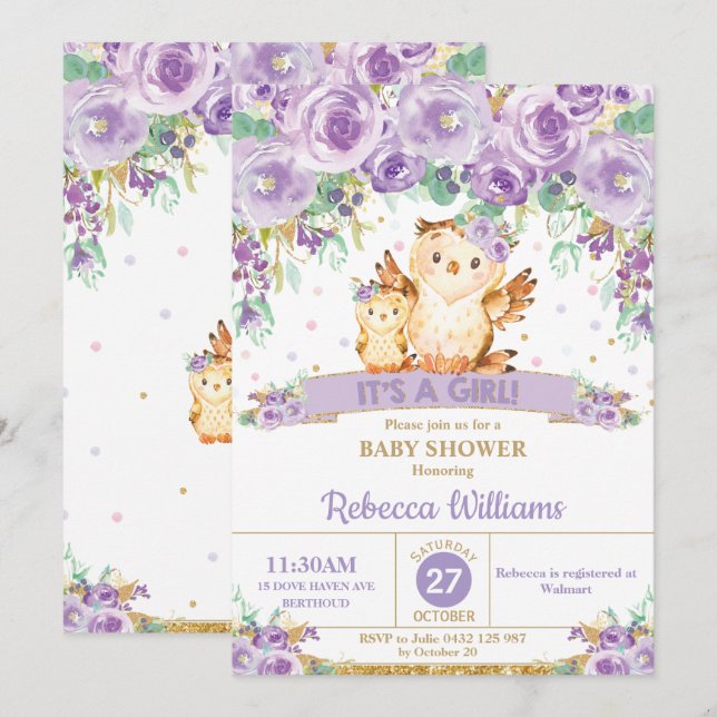 Invitation Chouette florale mignonne Baby shower bébé fille (Devant / Derrière)