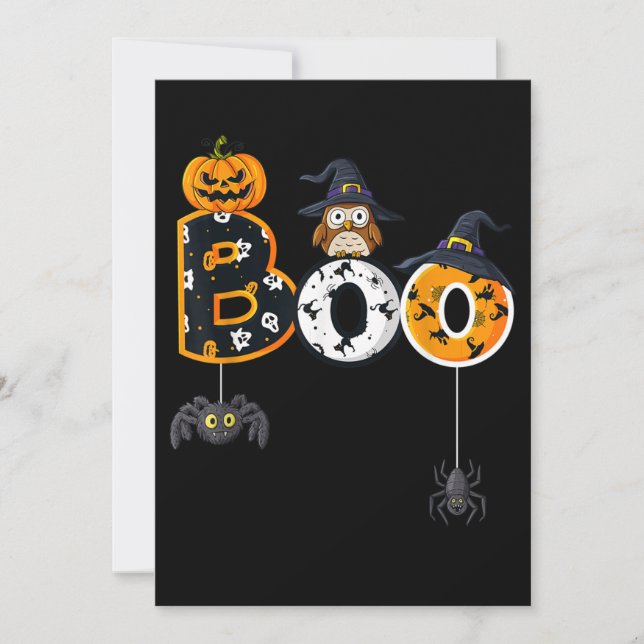 Invitation Chouette Halloween avec chapeau de sorcière et ara (Devant)