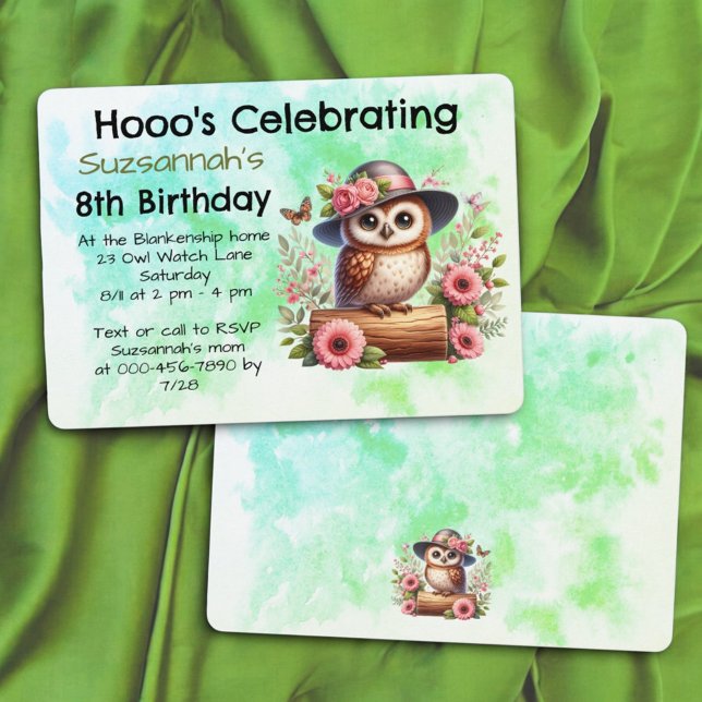 Invitation Chouette Mignonne Avec un Chapeau Assise Sur une B (front and back ol template birthday invitation)