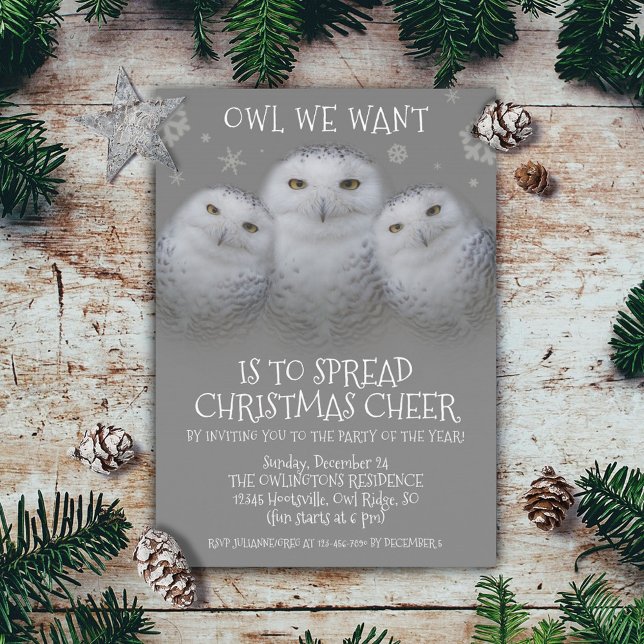Invitation Chouette Nous Voulons Étendre Noël Cheer Chouette  (Owl We Want to Spread Christmas Cheer Holiday Party Invitation Cover Photo)