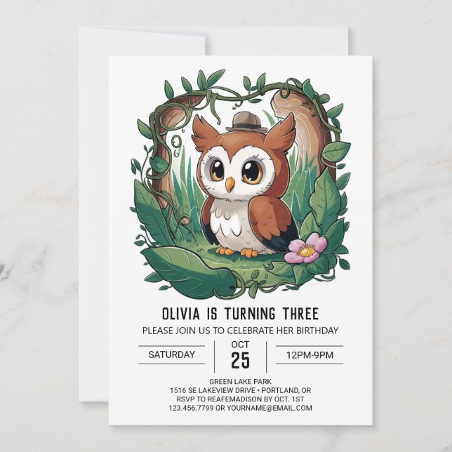 Invitation Chouette numérique couleur forêt Anniversaire (Devant)