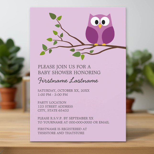 Invitation Chouette pourpre sur Branche Bébé Fille Douche (Custom Invitation with Download Option)