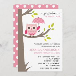 Invitation Chouette rose avec Baby shower parapluie