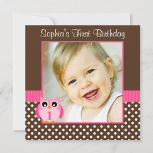 Invitation Chouette Rose Marron à pois 1er Anniversaire Fille