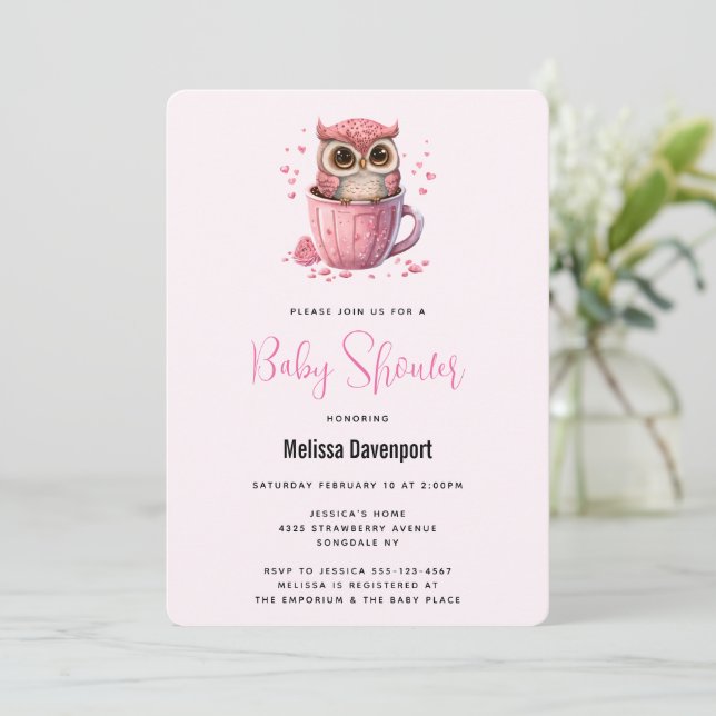 Invitation Chouette rose mignonne dans un Baby shower de coup (Debout devant)