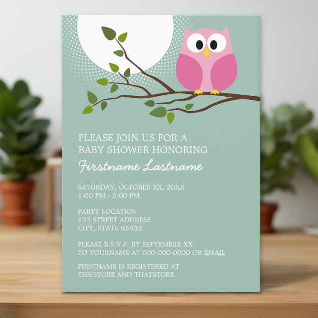 Invitation Chouette rose mignonne sur Branche Bébé Fille Douc (Custom Invitation with Download Option)