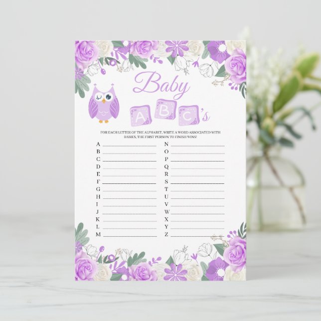Invitation Chouette violette Baby shower floral bébé ABC's Ga (Debout devant)