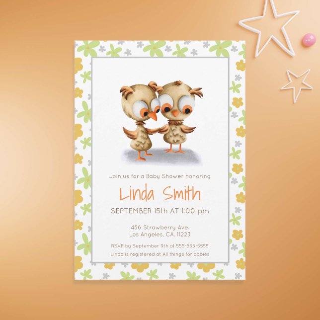 Invitation Chouettes de Baby shower Floral Cute Baby Owins Tw (Créateur téléchargé)