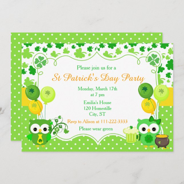 Invitation Chouettes de la fête de la Saint Patrick (Devant / Derrière)