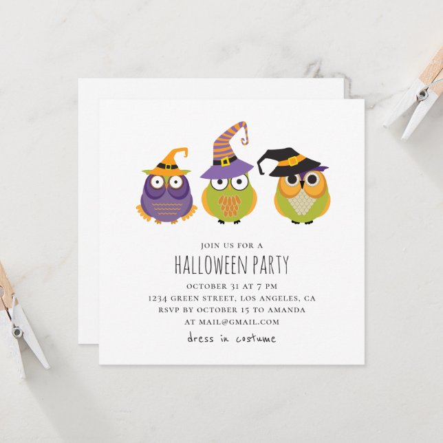 Invitation Chouettes d'Halloween. Fête costumée pour enfants  (Devant/Arrière en situation)